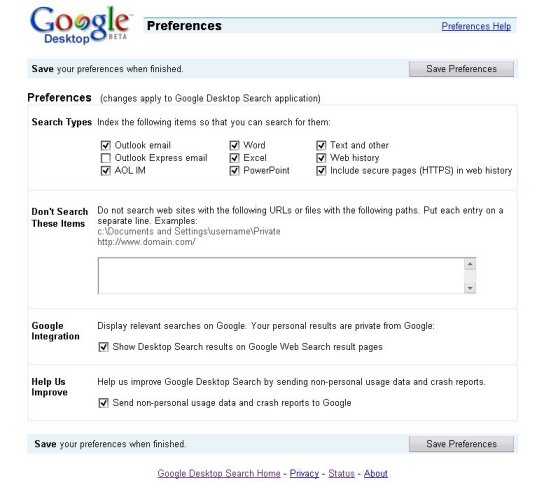 Google Desktop preferences